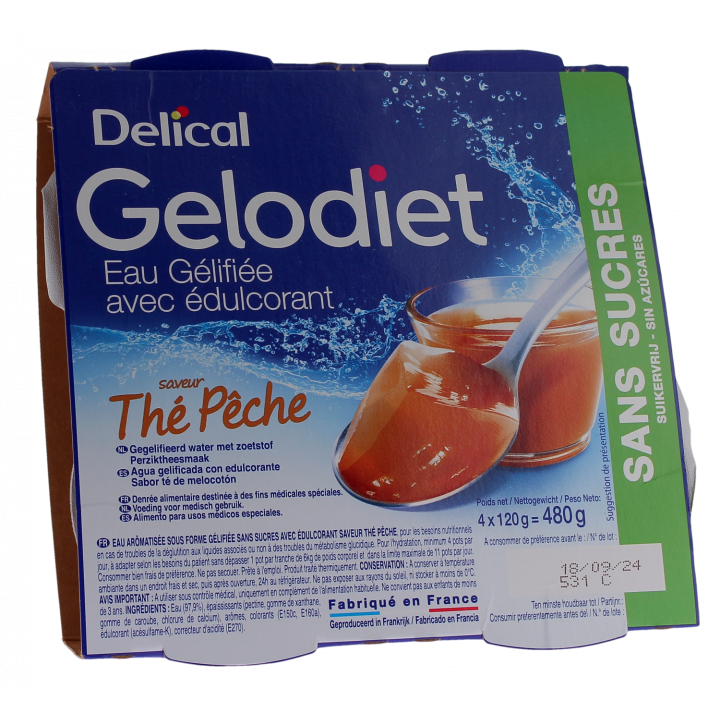 Gelodiet Eau gélifiée avec édulcorant saveur thé pêche Delical - lot de 4 pots de 120g