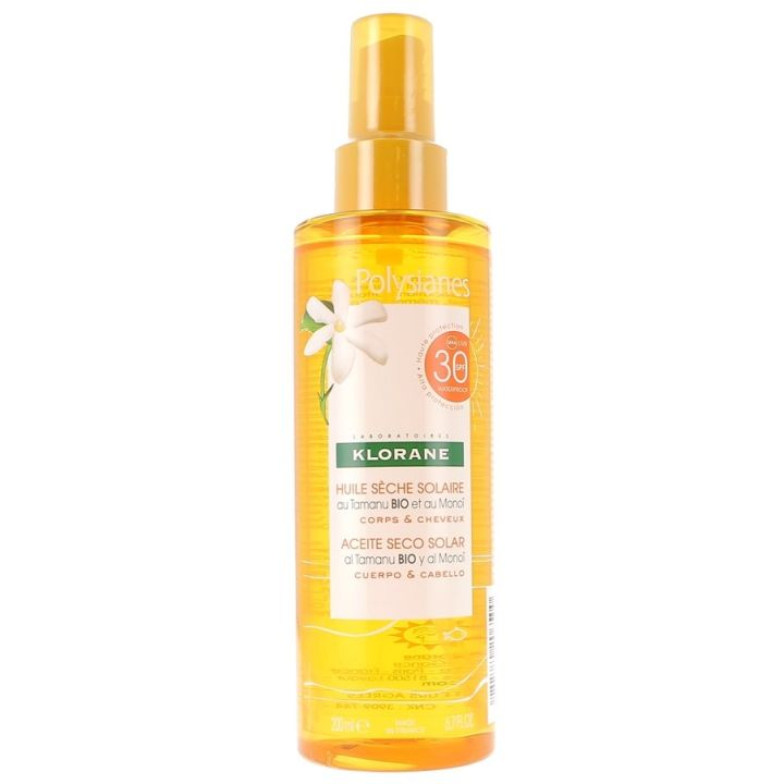 Huile sèche solaire corps et cheveux polysianes spf 30 Klorane - spray de 200 ml