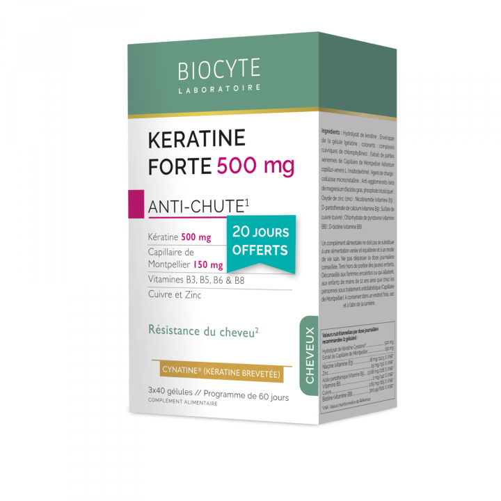 Kératine Forte 500mg anti-chute Biocyte - boîte de 120 gélules