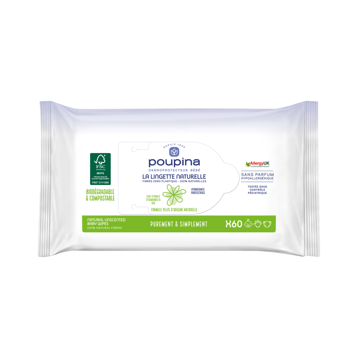 Lingette naturelle Poupina - paquet de 60 lingettes