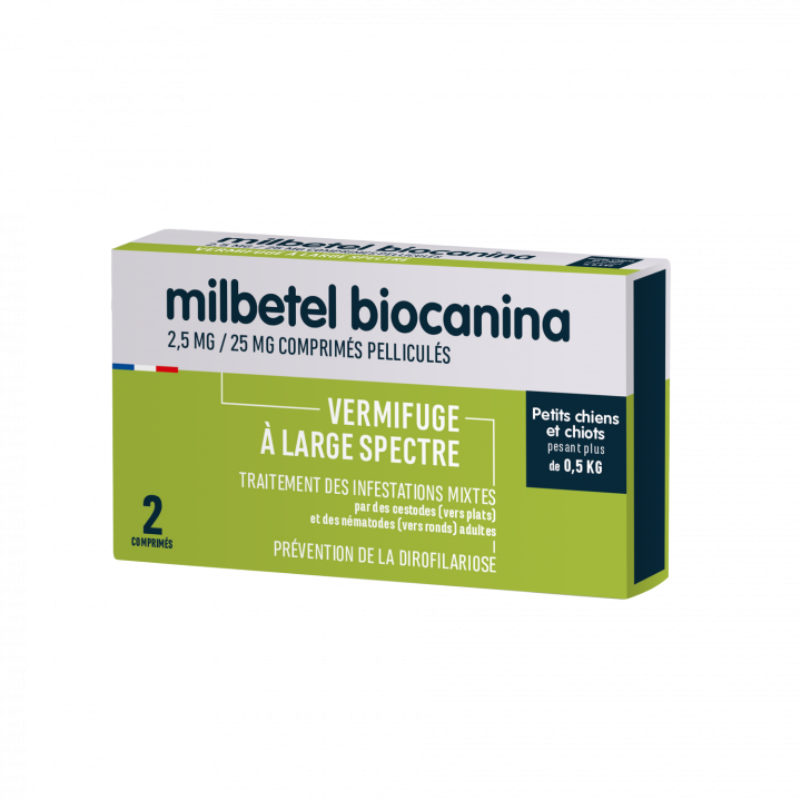 Milbetel 2,5mg/25mg vermifuge petits chiens et chiots +0,5kg Biocanina - boîte de 2 comprimés