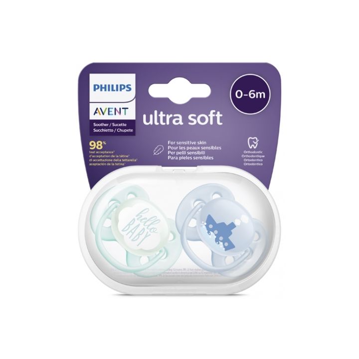 Ultra Soft sucettes orthodontiques 0-6 mois hello baby & bateau Philips Avent - lot de 2 sucettes