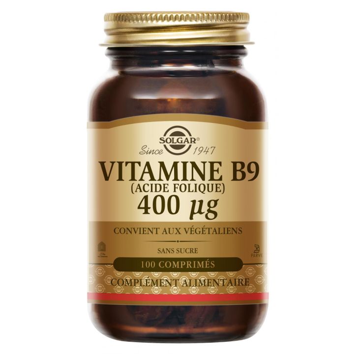 Vitamine B9 (acide folique) 400 ug Solgar - Flacon de 100 comprimés