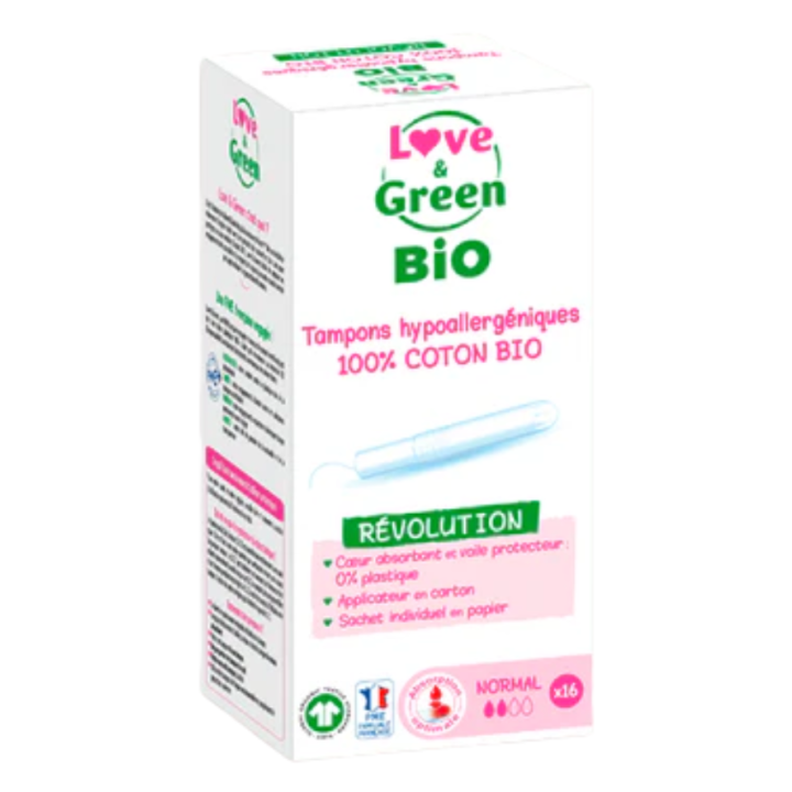 Tampons hypoallergéniques flux légers à modérés Love&Green - boite de 16 tampons