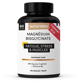 Magnésium Bisglycinate fatigue, stress et muscles Nat&Form - pot de 180 gélules