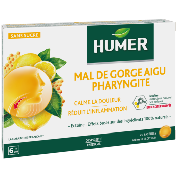 Mal de gorge aigu pharyngite arôme miel citron Humer - boîte de 20 pastilles