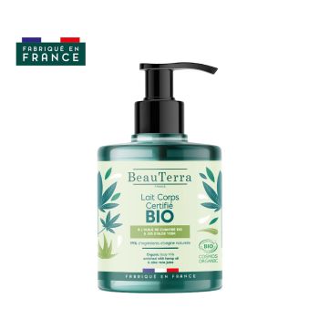 Lait corps bio à l'huile de chanvre et jus d'aloe vera Beauterra - flacon-pompe de 500ml