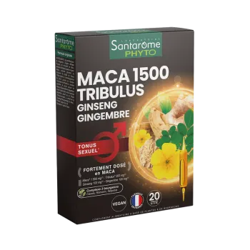 Maca 1500 tribulus ginseng gingembre Tonus sexuel Santarome - boîte de 20 ampoules