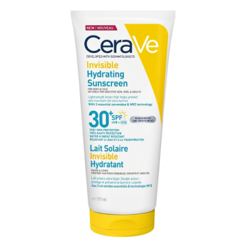 Lait solaire invisible hydratant SPF30+ haute protection visage et corps CeraVe