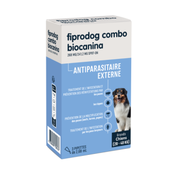 Fiprodog combo 268 mg/241,2 mg antiparasitaire externe grands chiens (20-40kg) Biocanina - boîte de 3 pipettes de 2,68ml