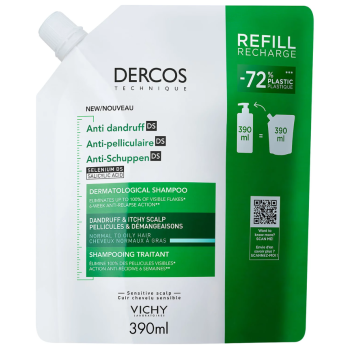 Dercos anti-pelliculaire shampooing traitant cheveux gras Vichy - éco-recharge de 390ml