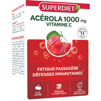 Acérola 1000mg + vitamine C Superdiet - boîte de 30 comprimés effervescents