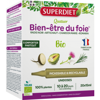 Quatuor Bien-être du foie bio Superdiet - boîte de 20 unidoses de 15ml
