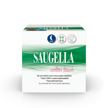 Cotton touch serviette extra-fine avec ailettes nuit Saugella - boite de 12 serviettes