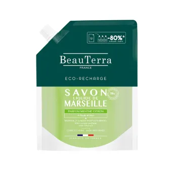 Savon liquide de marseille parfum menthe citron Beauterra - eco-recharge de 900ml