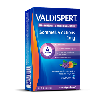 Mélatonine 1 mg 4 actions Valdispert - boite de 30 capsules liquides