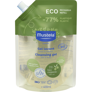 Gel lavant corps et cheveux sans parfum bio Mustela - éco-recharge de 400 ml