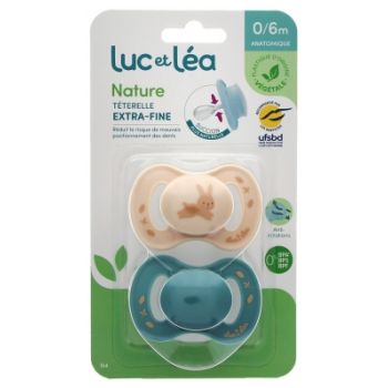 Nature sucettes anatomiques téterelle extra-fine 0-6 mois lapin & bleu Luc et Léa - lot de 2 sucettes