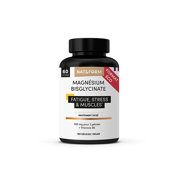 Magnésium Bisglycinate fatigue, stress et muscles Nat&Form - pot de 180 gélules