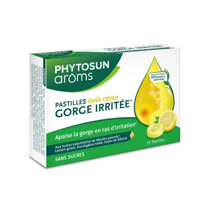 Pastilles gorge irritée sans sucre arôme citron Phytosun arôms - boite de 24 pastilles