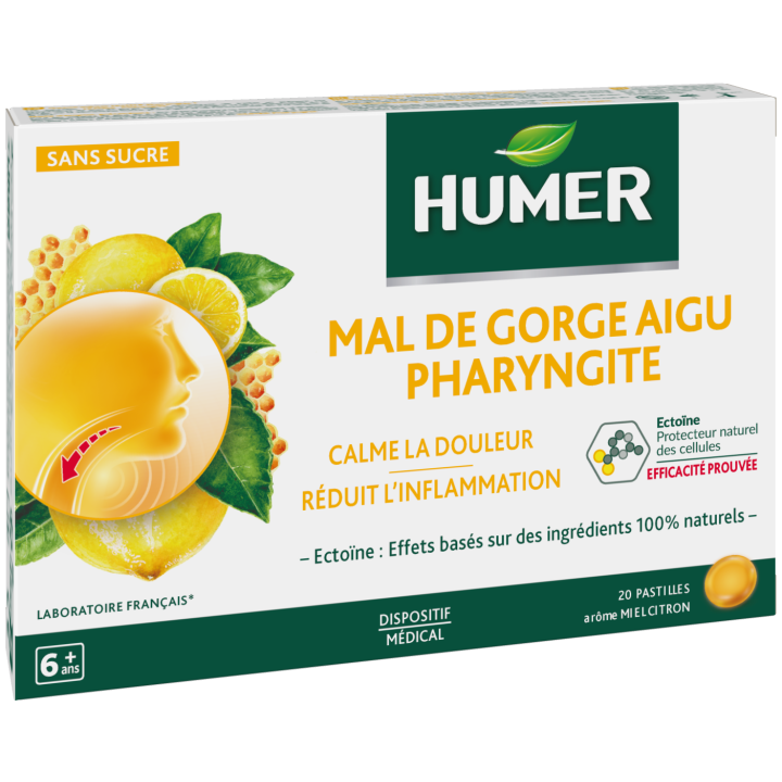Mal de gorge aigu pharyngite arôme miel citron Humer - boîte de 20 pastilles