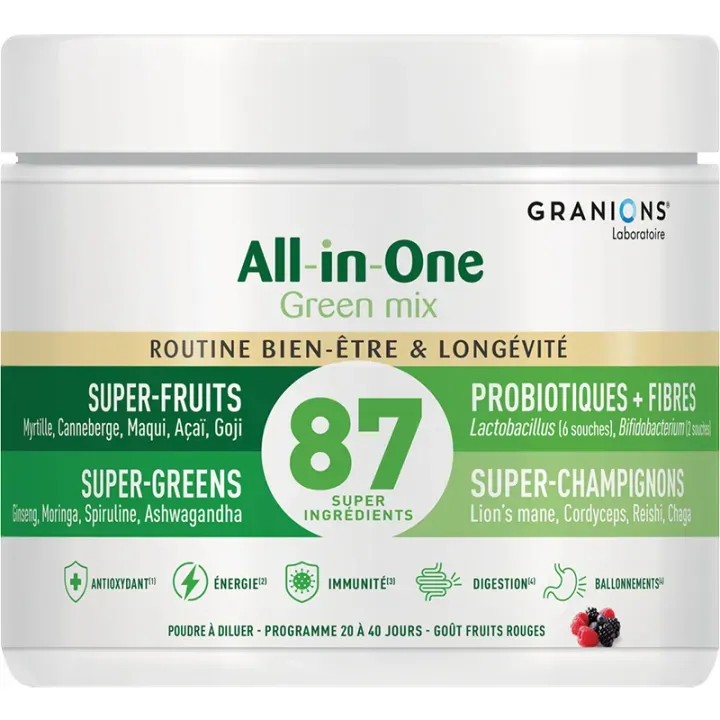 All-in-One Green mix routine bien-être et longévité goût fruits rouges Granions - pot de 146g