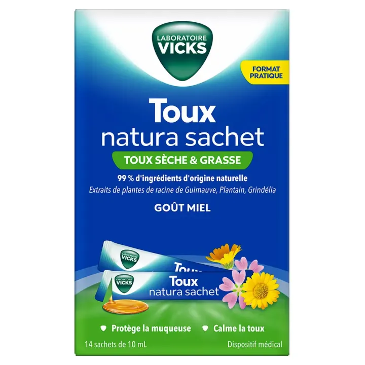 Toux natura sirop toux sèche et grasse goût miel Vicks - boîte de 14 sachets de 10ml