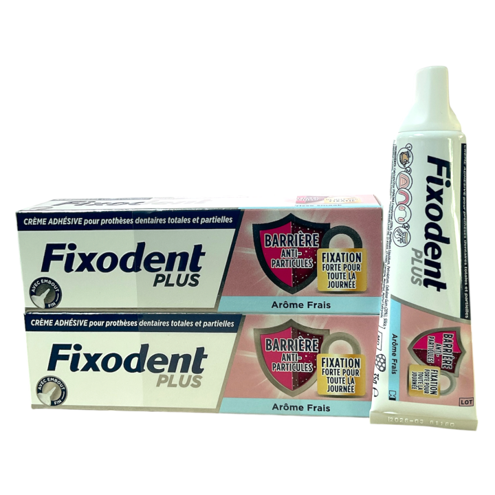 Crème adhésive anti-particules arôme frais Fixodent plus - lot de 2 tubes de 35g