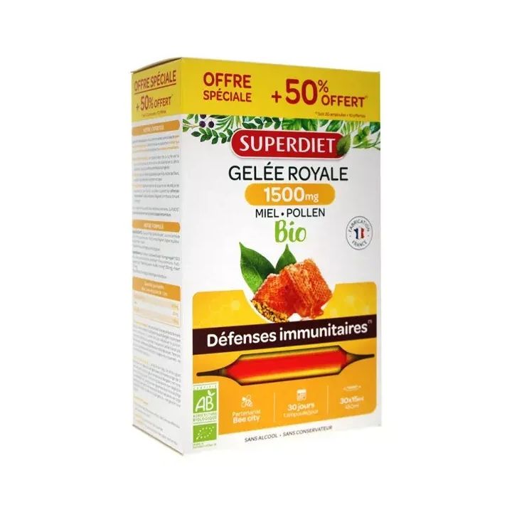Gelée Royale Bio 1500 mg miel d'acacia pollen Super Diet