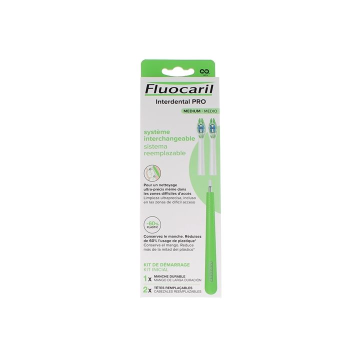 Interdental Pro Système interchangeable médium Kit de démarrage Fluocaril - boîte de 1 manche durable + 2 têtes remplaçables