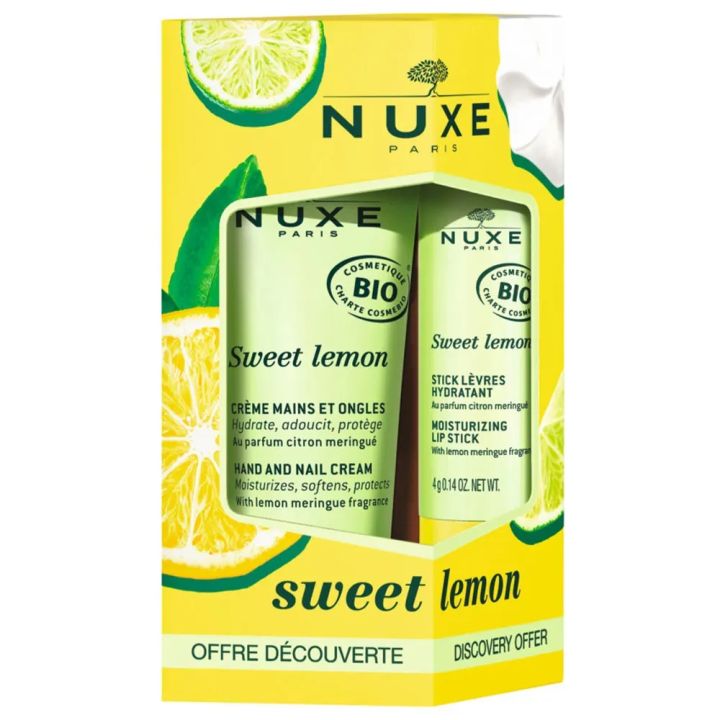 Sweet Lemon crème mains et ongles bio + stick à lèvres hydratant bio Nuxe