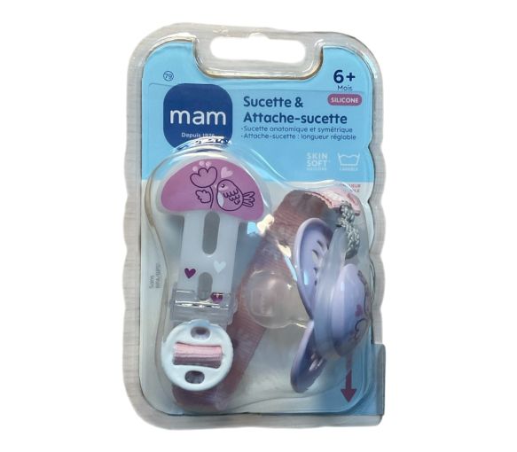 Sucette & attache-sucette silicone 6 mois+ Mam - attache sucette + sucette - violet