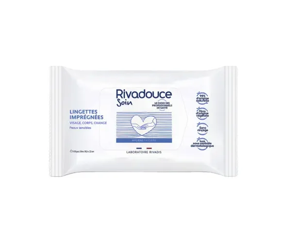 Lingettes imprégnées peaux sensibles Rivadouce - pack de 50 lingettes