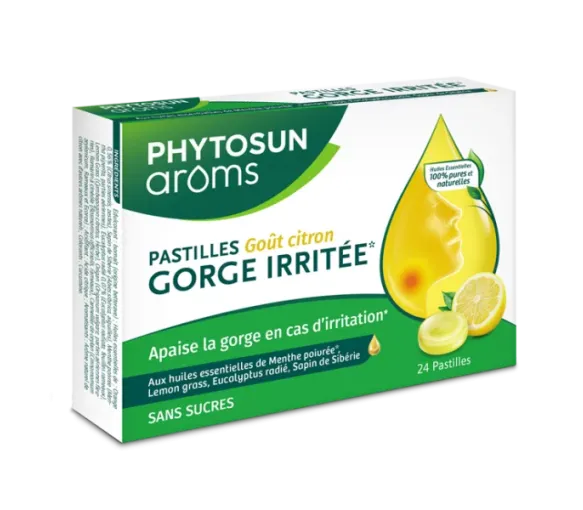 Pastilles gorge irritée sans sucre arôme citron Phytosun arôms - boite de 24 pastilles