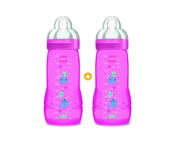 Biberon rose Easy active 2 ème âge 6 mois + Mam - 2 biberons de 330 ml