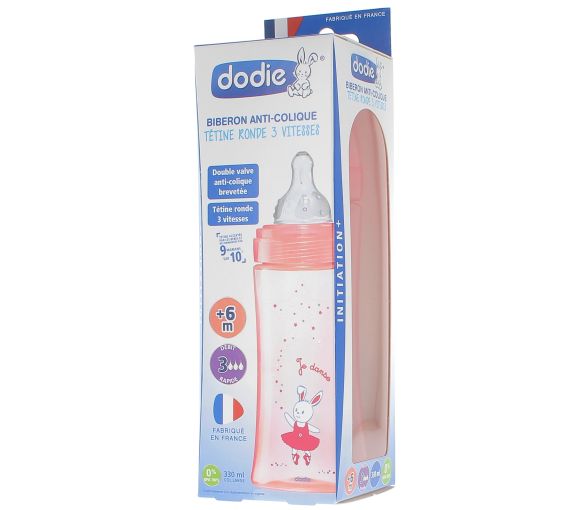 Biberon anti-colique tétine ronde 3 vitesses rose +6 mois Dodie - 1 biberon de 330 ml