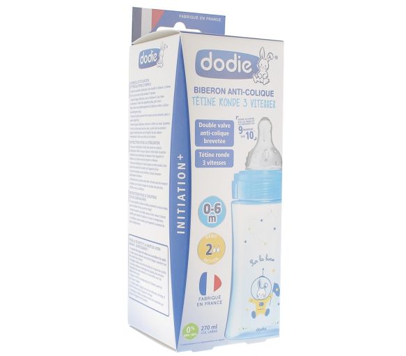 Biberon bleu anti-colique tétine ronde 3 vitesses 0-6 mois Dodie - 1 biberon de 270 ml