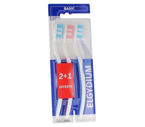 Brosses à dents souple basic elgydium Pierre Fabre - lot de 3 brosses à dents 2+1 offerte