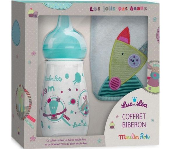 Coffret biberon Moulin Rotin Luc et Léa - 1 biberon de 270 ml + 1 bavoir