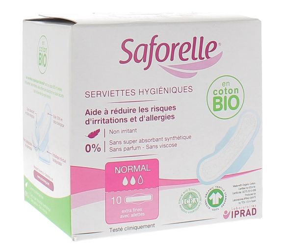 Coton protect serviettes hygiéniques extra fines avec ailettes Saforelle - boite de 10 serviette hygiéniques