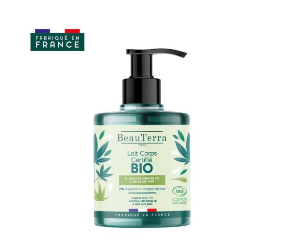 Lait corps bio à l'huile de chanvre et jus d'aloe vera Beauterra - flacon-pompe de 500ml