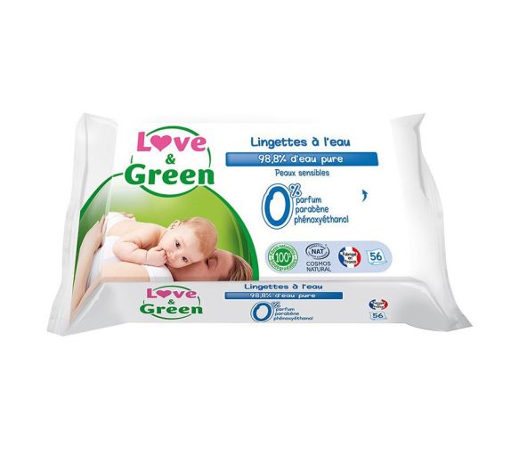 Lingettes à l'eau peaux sensibles Love & Green - paquet de 56 lingettes