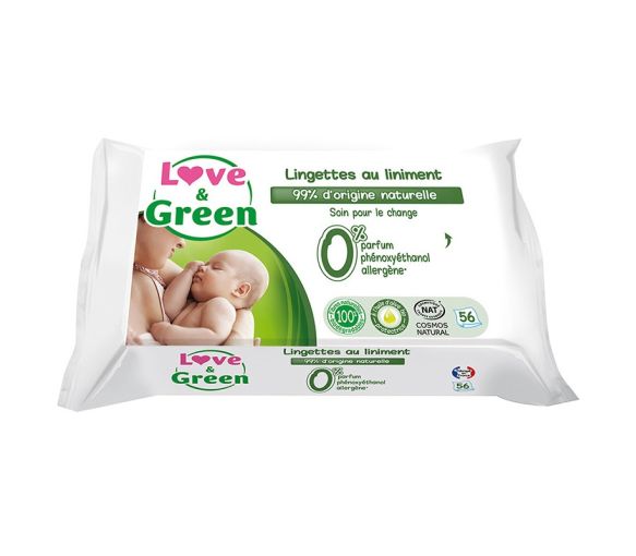 Lingettes au liniment spécial change bébé Love & Green - sachet de 56 lingettes