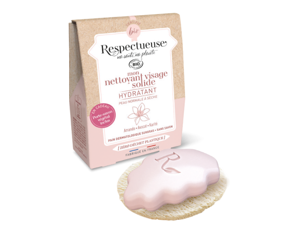 Mon nettoyant visage solide hydratant bio Respectueuse - pain de 35g + porte-savon végétal offert