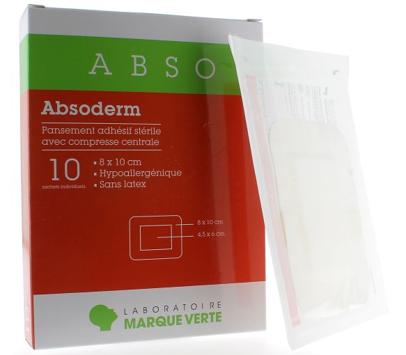 Absoderm Pansement adhésif stérile avec compresse centrale 8x10 cm Marque Verte - boîte de 10 sachets individuels