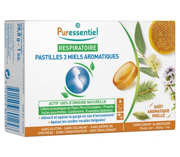 Pastilles 3 Miels Aromatiques Respiratoire Puressentiel - boîte de 18 pastilles