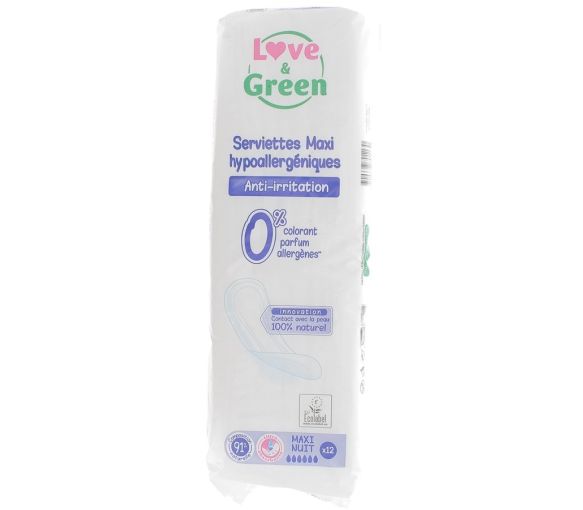 Serviettes anti-irritations maxi nuit Love & Green - 12 serviettes