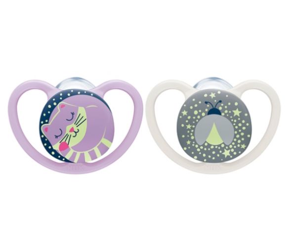 Space Night Sucettes silicone 0-6 mois NUK - lot de 2 sucettes phosphorescentes