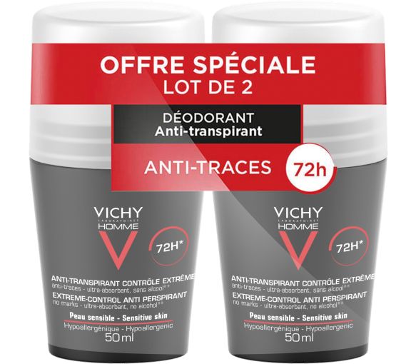 Déodorant anti-transpirant 72h peau sensible Vichy homme - lot de 2 flacons bille de 50 ml - image 1