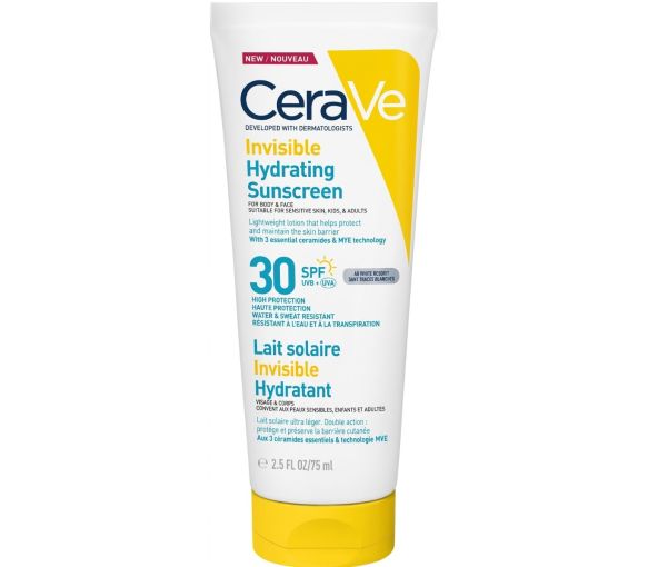Lait solaire invisible hydratant SPF30+ haute protection visage et corps CeraVe - tube de 75ml
